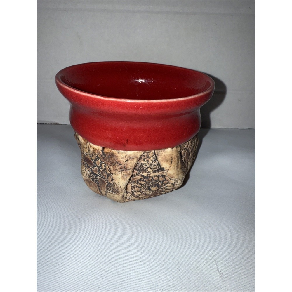 Studio Art Pottery Planter , Red Glazed With Floral Imprinted Base , Bag Shaped